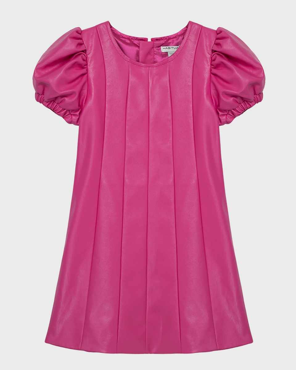 Girl's Faux Leather Puff Sleeves Dress, Size 2-6